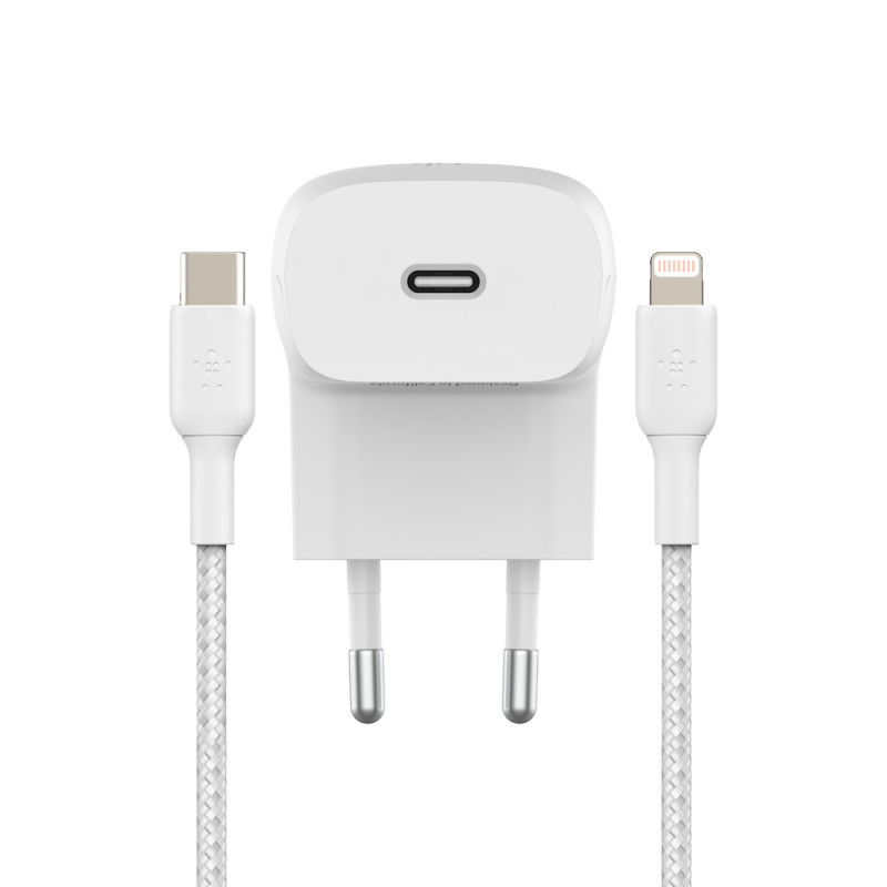 Chargeur secteur USB Type C + 1 câble USB-C > USB-C 1M 20W PD Belkin Blanc