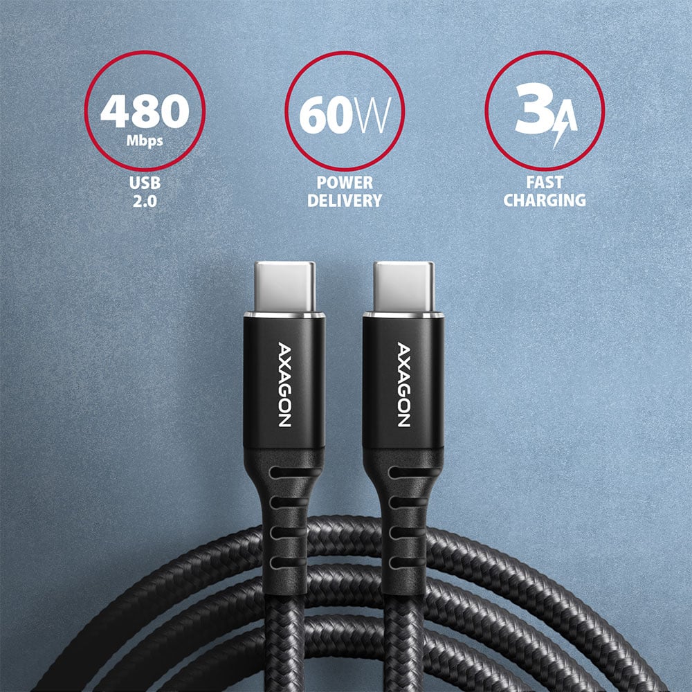 Câble USB Type C USB 2.0 M/M 1M Axagon Noir 60W
