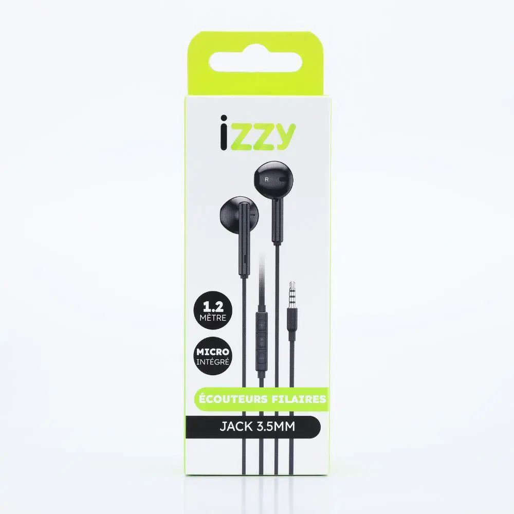 Ecouteurs filaires avec micro Izzy  Jack 3.5" avec boitier de contrôle (noir)